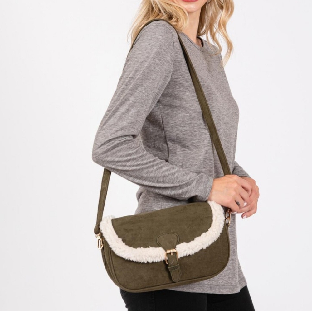 Green Fleece Trimmed Crossbody Bag Purse Sherpa Suede Casual Womens Accessory